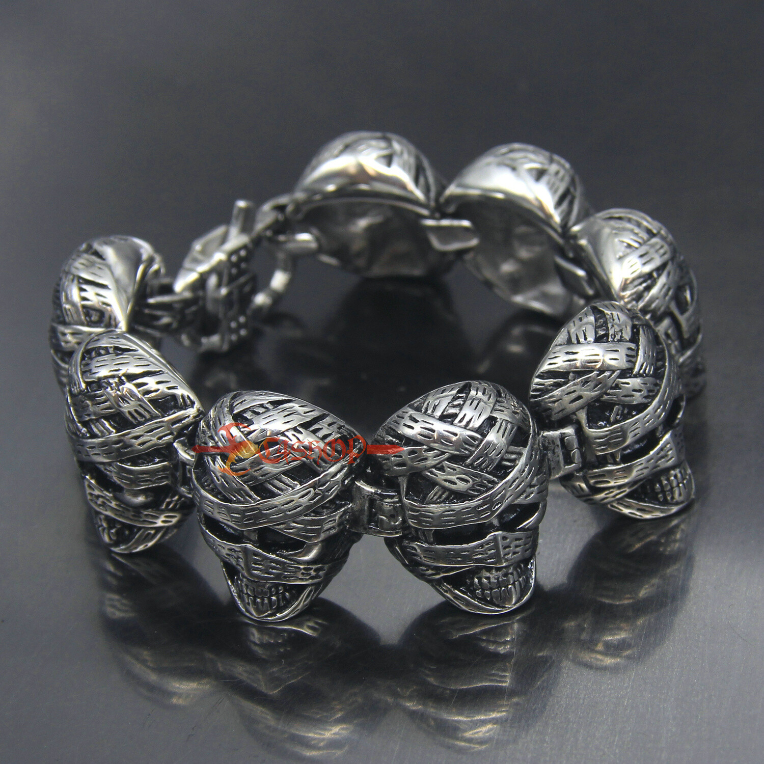 Punk Heavy Gothic Egypt Mummy Skull Stainless Steel Men’s Bracelet 7.5-9.4″(L)