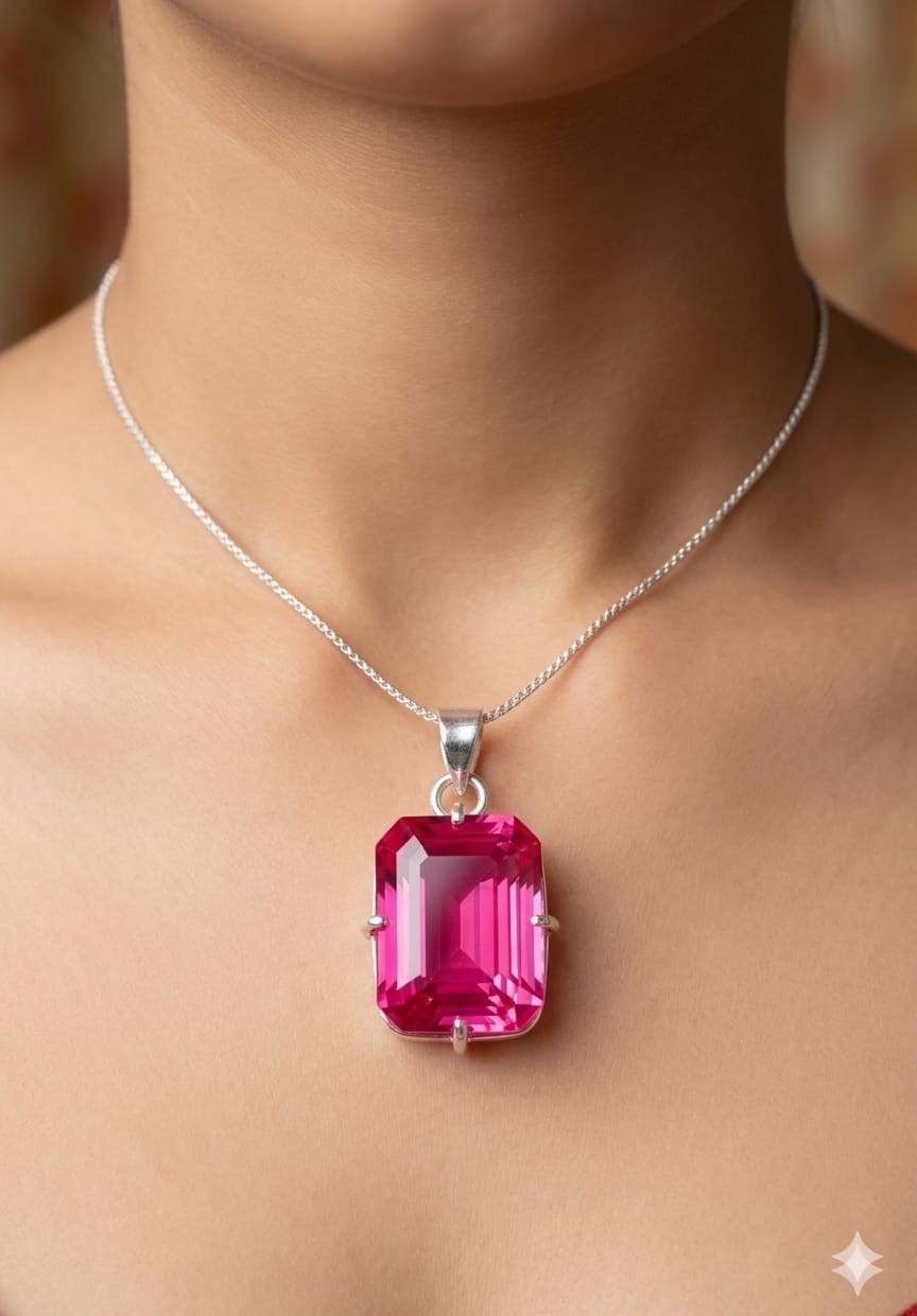 49 Ct A++ Natural Pink Sapphire Emerald Cut 925 Solid Silver Pendant Gemstone