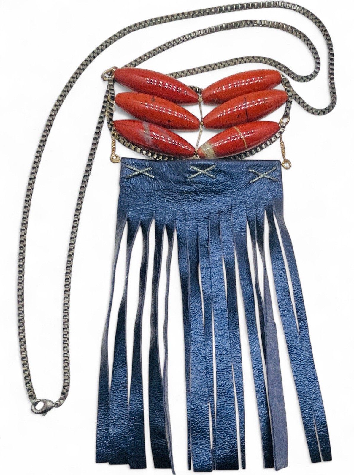 Vintage 70’s Native Inspired Ethnic Jasper Stone And Leather Fringe Necklace