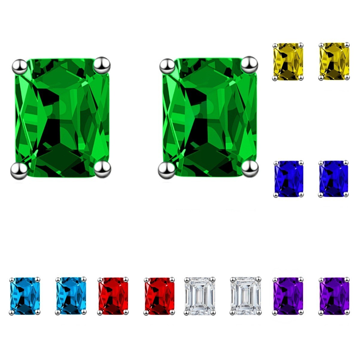 Men Women 925 Silver Post Square Rectangle Cubic Zirconia Stud Earrings PE23
