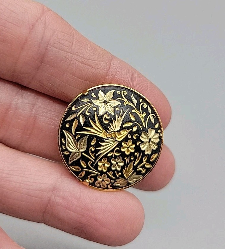 Vintage Brooch Pin Damascene Bird And Flowers 1″ Wide