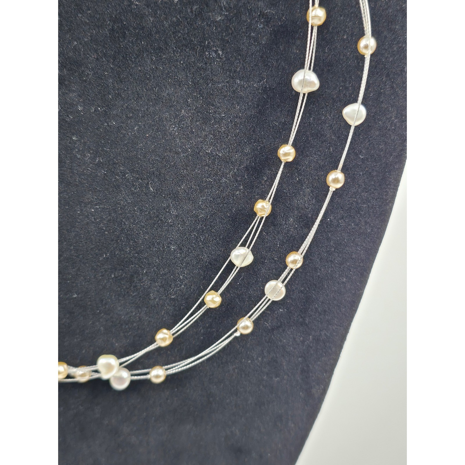 Sterling Silver Floating Pearl Triple Strand Necklace Champagne Cream 16 Inch