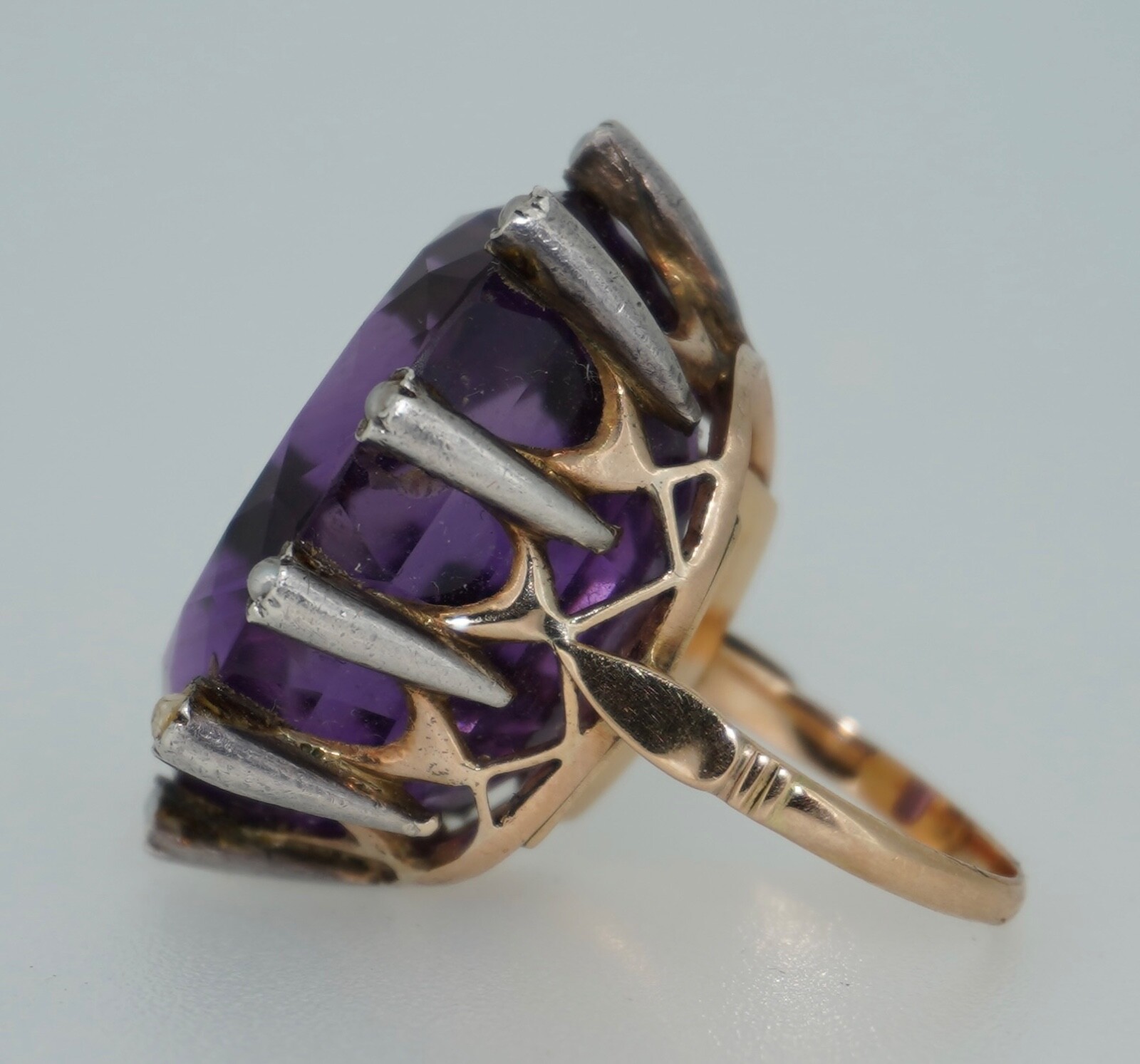 Antique 14K & Silver 43 Carat Amethyst & Seed Pearl Cocktail Ring