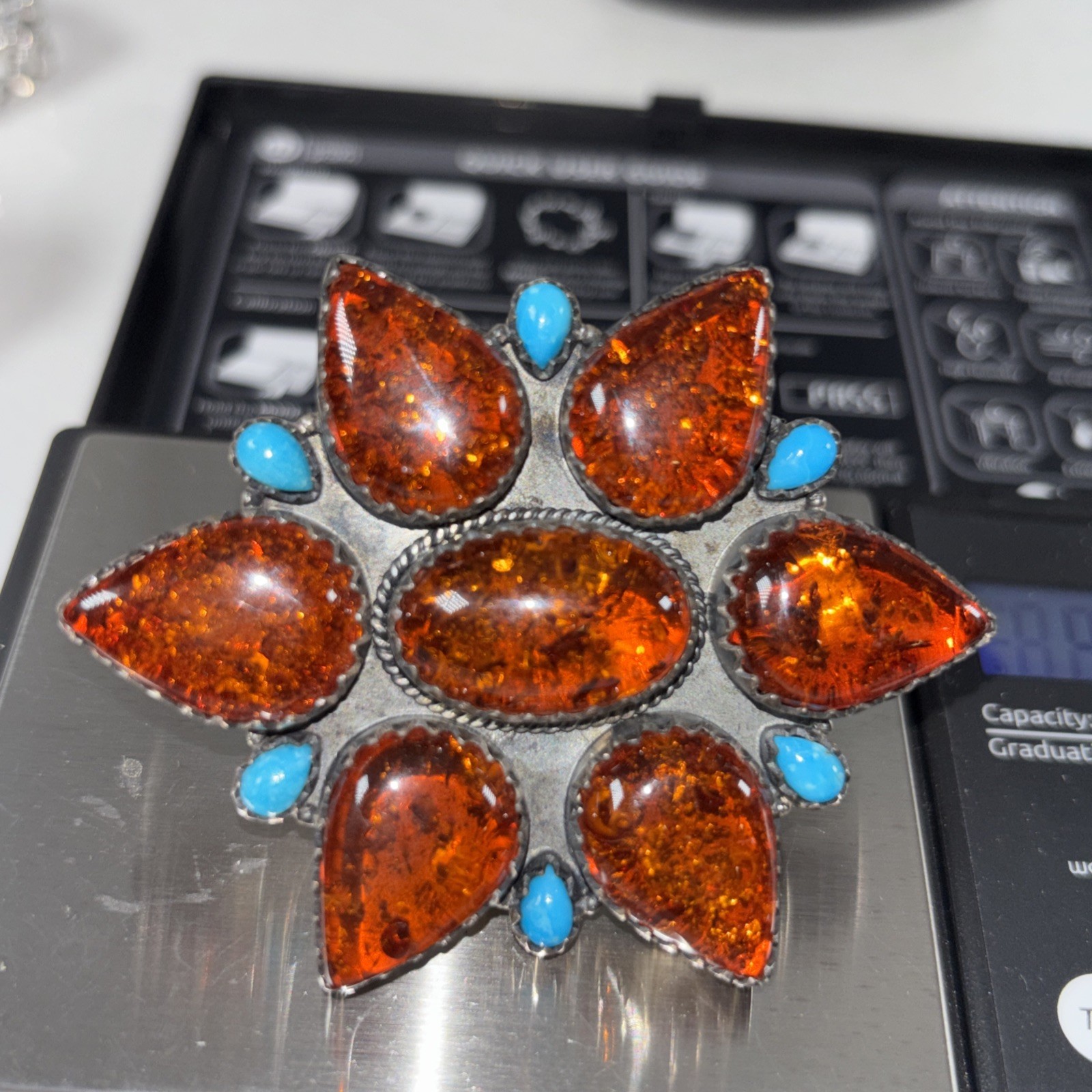 Artisan Statement Ring 925 Sterling Silver Turquoise And Amber Adjustable Size