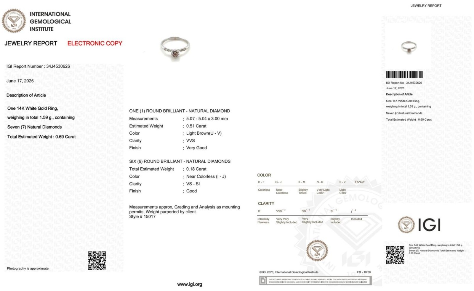 IGI Certified 0.69 CTW Natural Diamond Seven Stone Ring in 14K White Gold