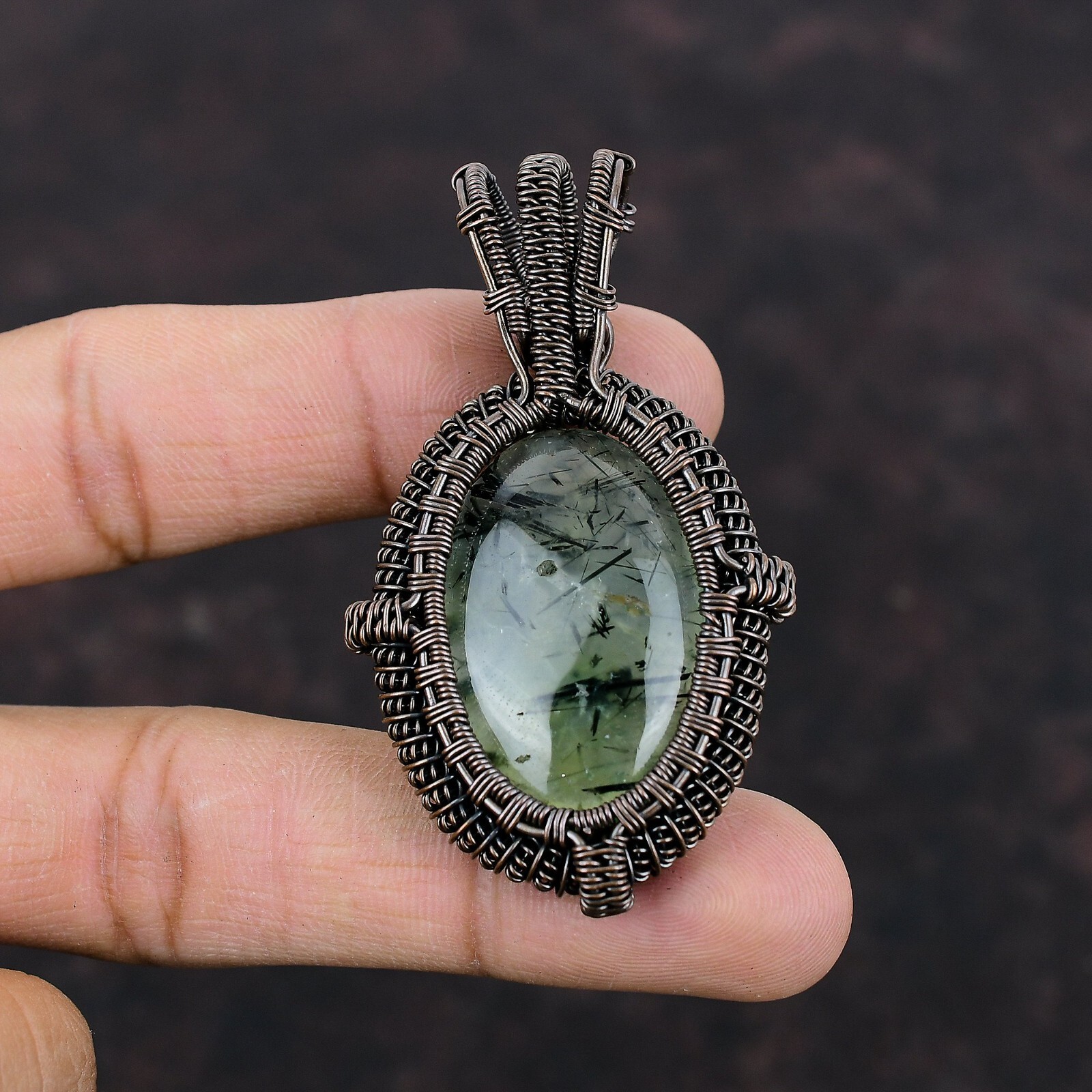 Women Day Gift Moss Prehnite Jewelry Copper Wire Wrapped Pendant For Women 2.56″