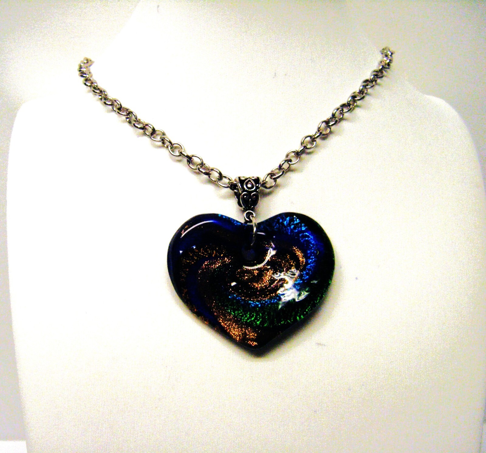Blue/Green/Gold Dichroic Glass Heart Pendant Necklace