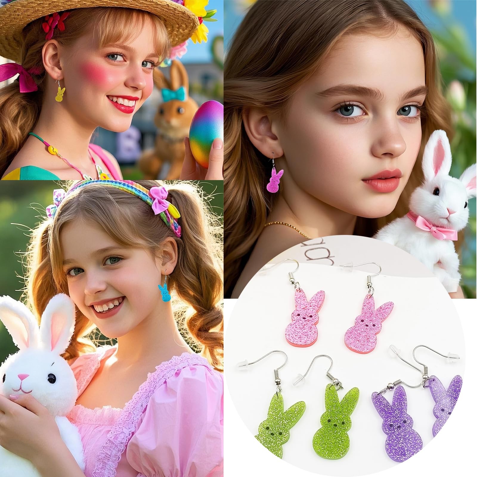 Easter Bunny Earrings for Women,Cute 3 Pairs Colorful Rabbit Dangle Earrings Gli