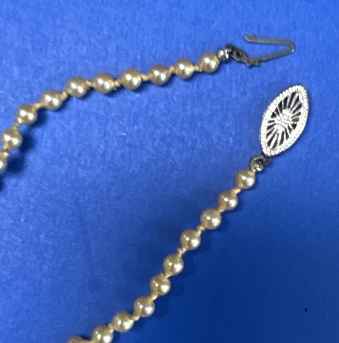 Mid-Century 18” Strand Faux Champagne Pearls 10k gold clasp