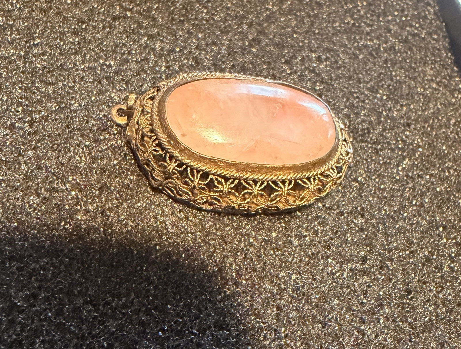 Vintage Mid- 20th Century Rose Pink Quartz Brass Tone Filigree