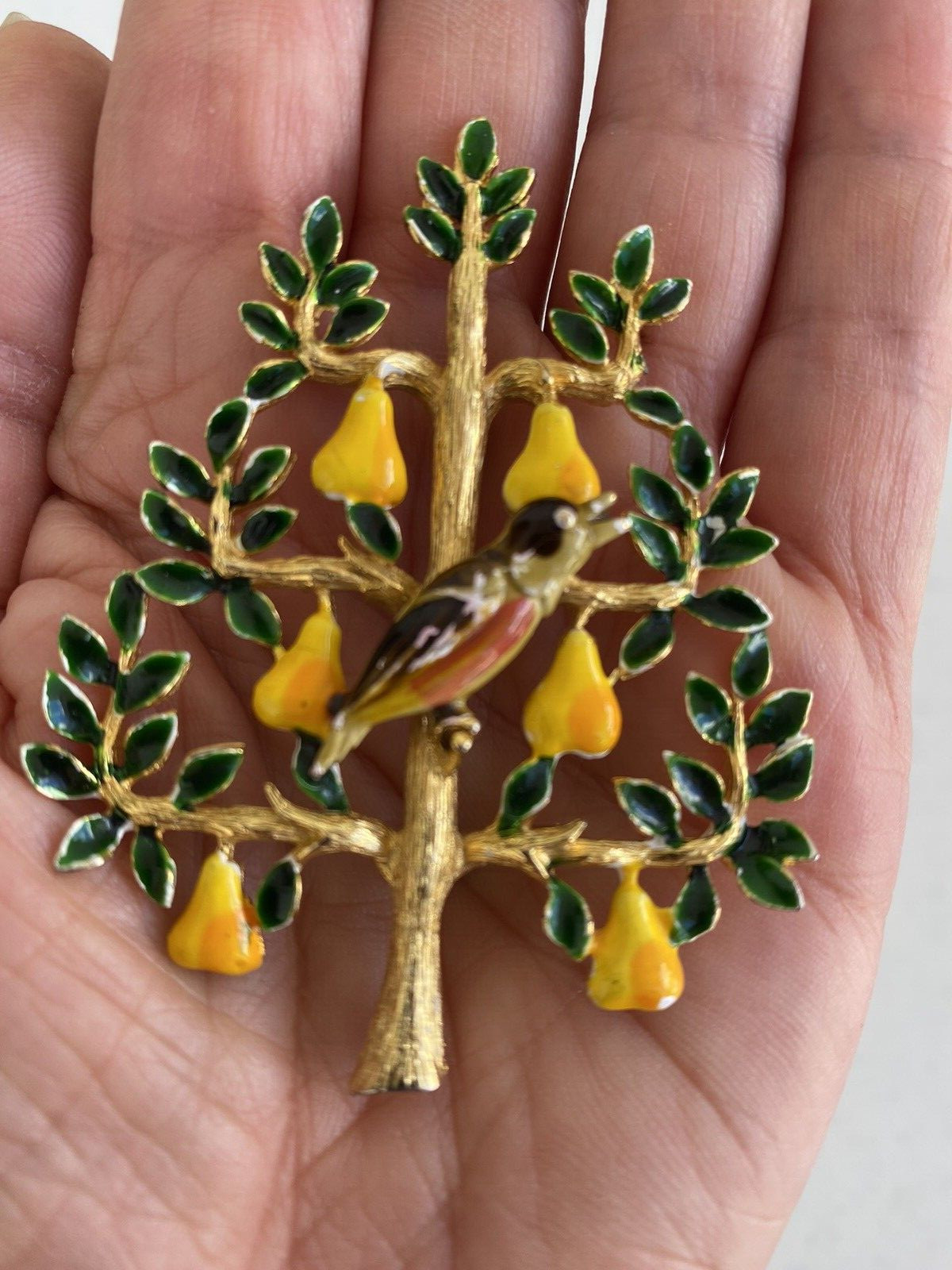 Vintage Cadoro Brooch Partridge Pear Tree Enamel Brooch 12 Days Christmas 60s