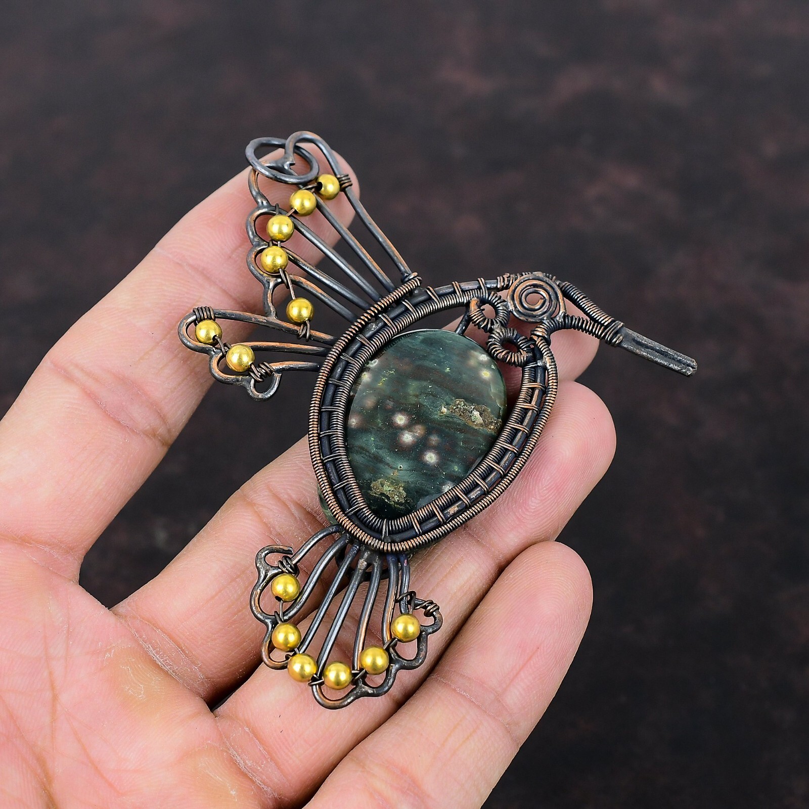 Ocean Jasper Copper Gift For Briedsmaid Wire Wrapped Bird Pendant 3.74″
