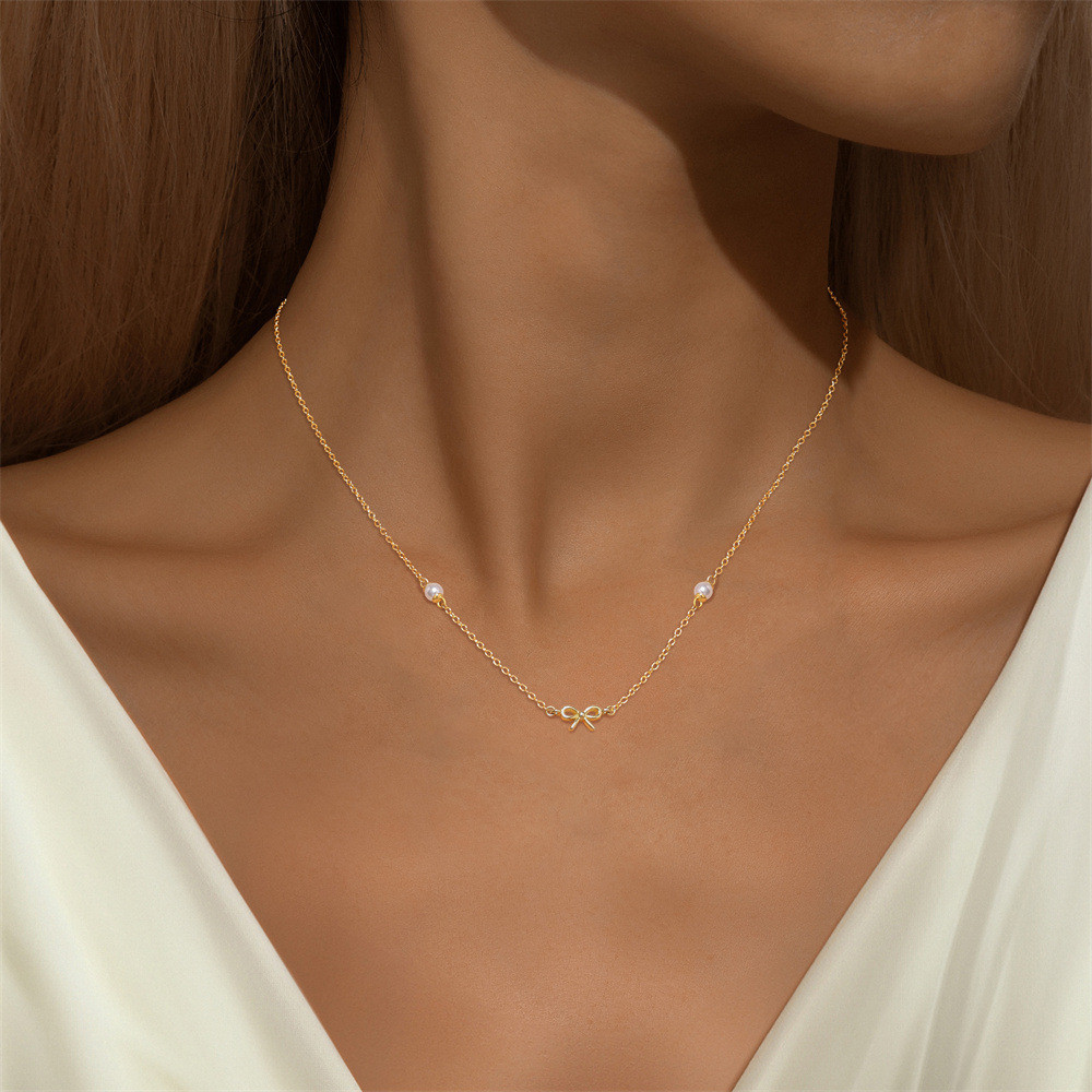 Gold Plated 925 Sterling Silver Faux Pearl Bow Pendant Necklace for Women