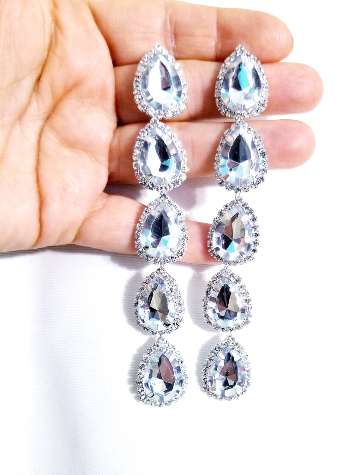 Bridesmaid Drop Dangle Chandelier Earrings 4.8 in Clear Rhinestone Pageant Prom