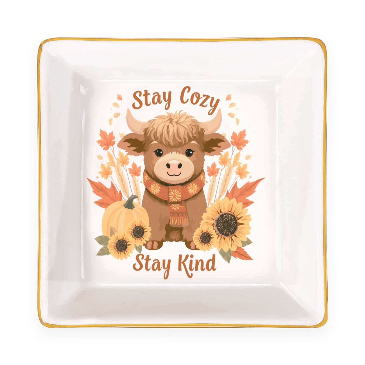 Stay Cozy Stay Kind Highland Cow Fall Jewelry Dish Trinket Ring Holder Autumn