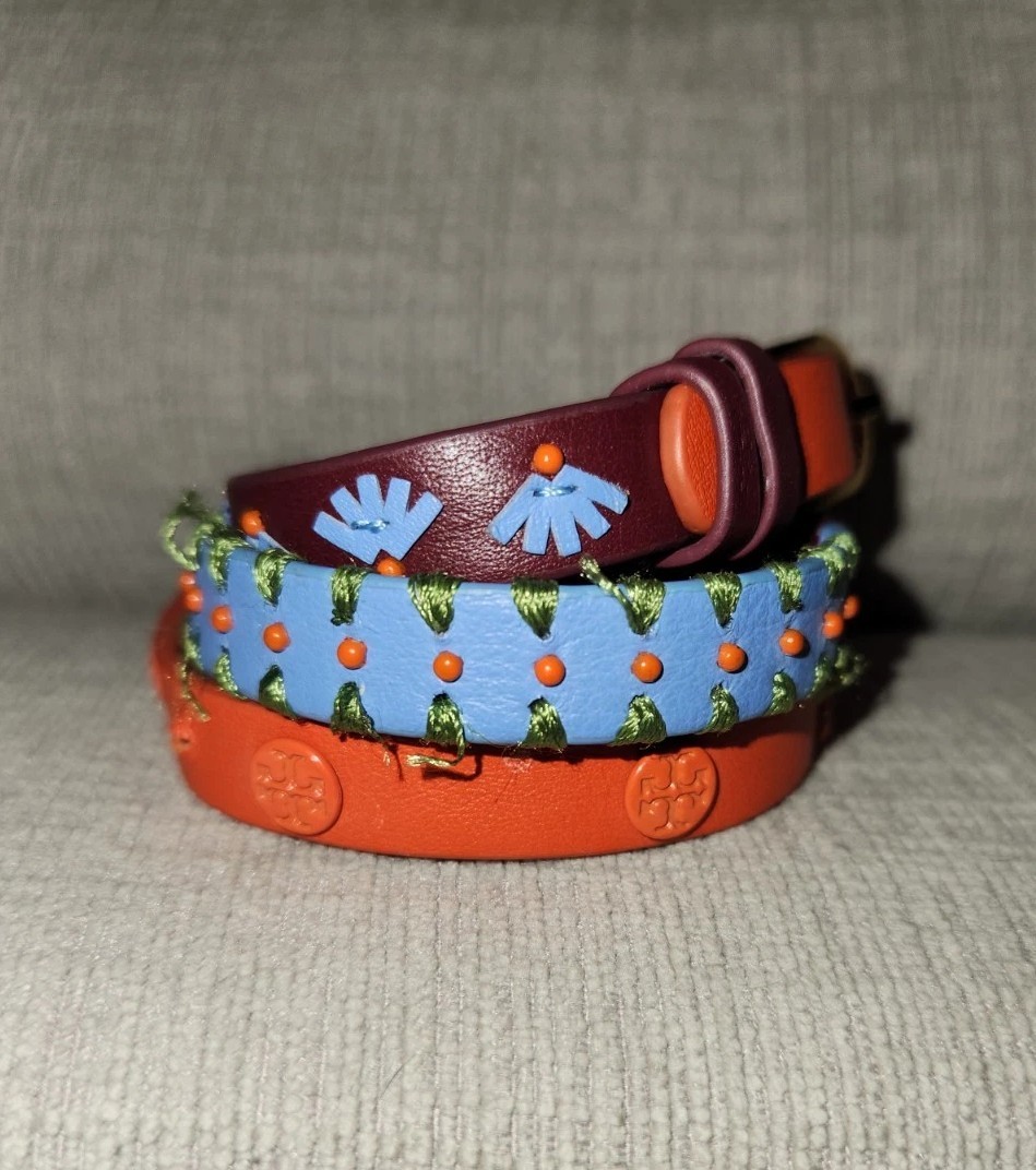 Tory Burch Orange Blue Leather Woven Logo Wrap Bracelet Belt Look Design