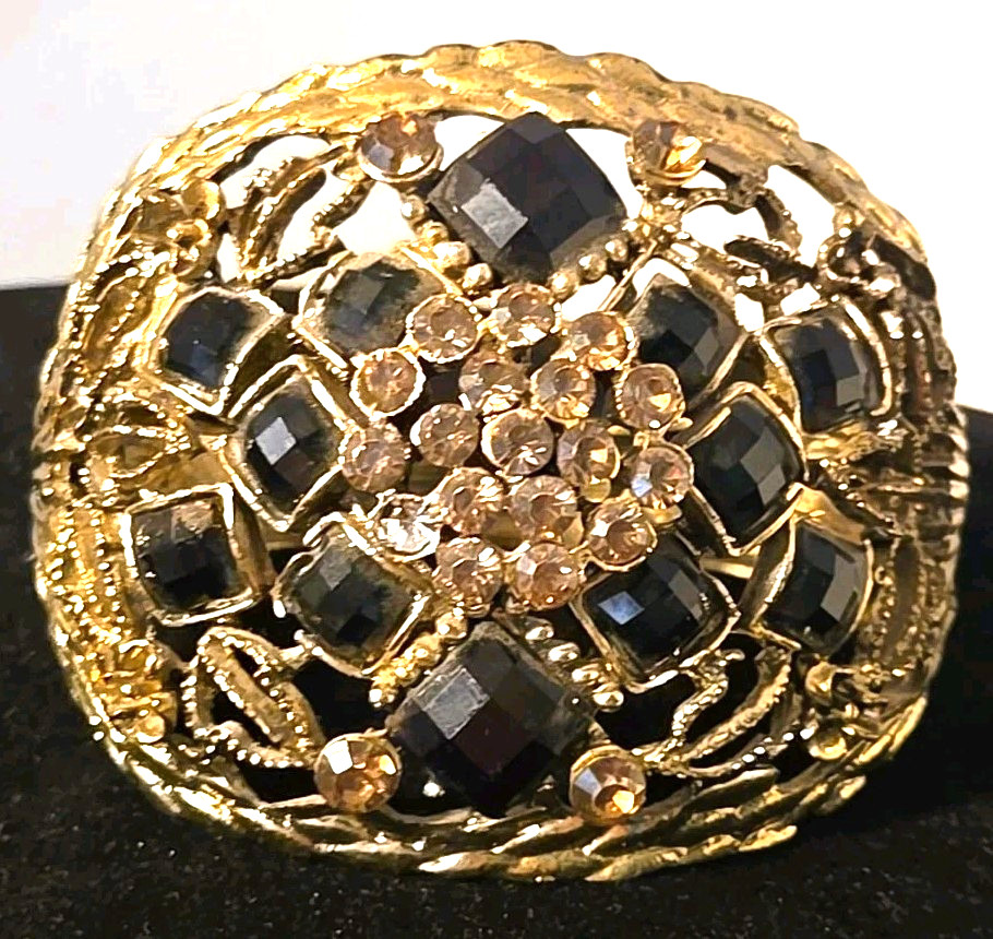Hinged Bangle Fashion Bling Bracelet with Filgree and Black Rhinestones