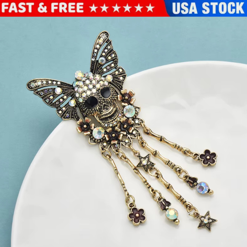 Vintage Halloween Skull Butterfly Brooch&Costume Crystal Gothic Pin Jewelry Gift