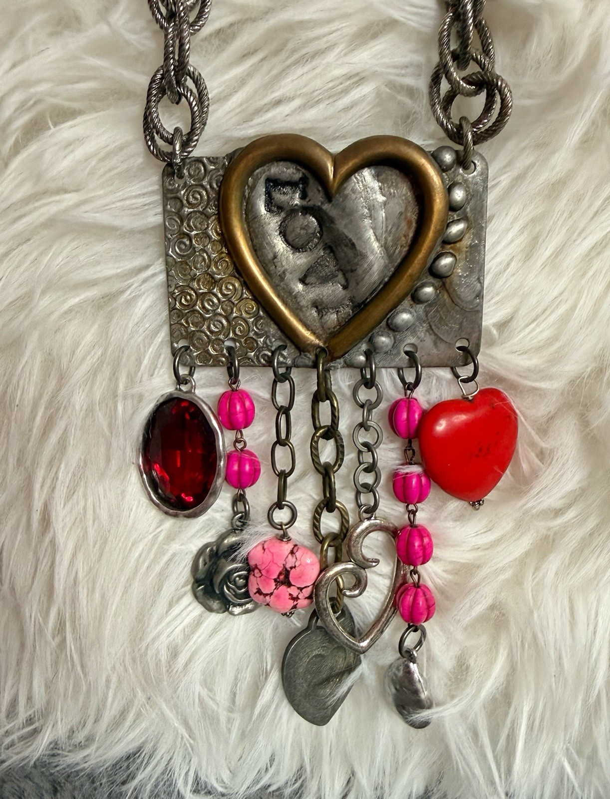 Art by Amy Labbe OOAK Mixed Media Heart Charm Statement Necklace