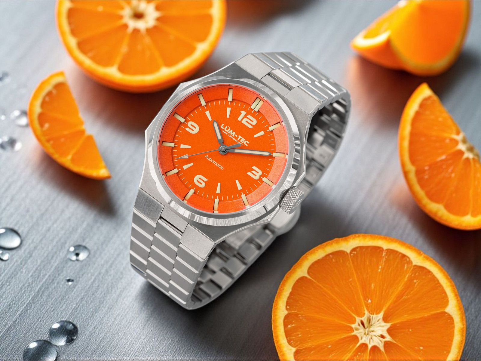 Lum-tec Watch Eclipse E5, Auto w/ bracelet, orange dial, MDV, USA Made 42mm NEW