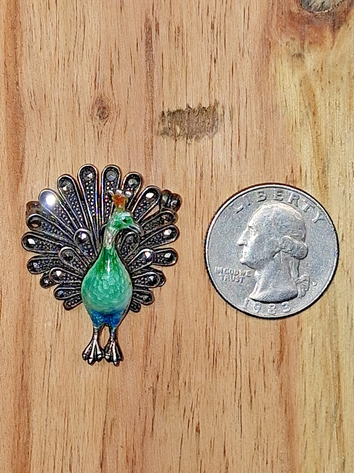 Vintage Germany Sterling Silver Marcasite Enamel Peacock Brooch Pin Art Deco