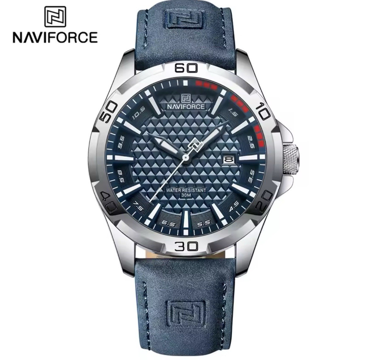 Naviforce Men’s Quartz Analog Watch Blue Dial Date Water Resistant Leather Strap