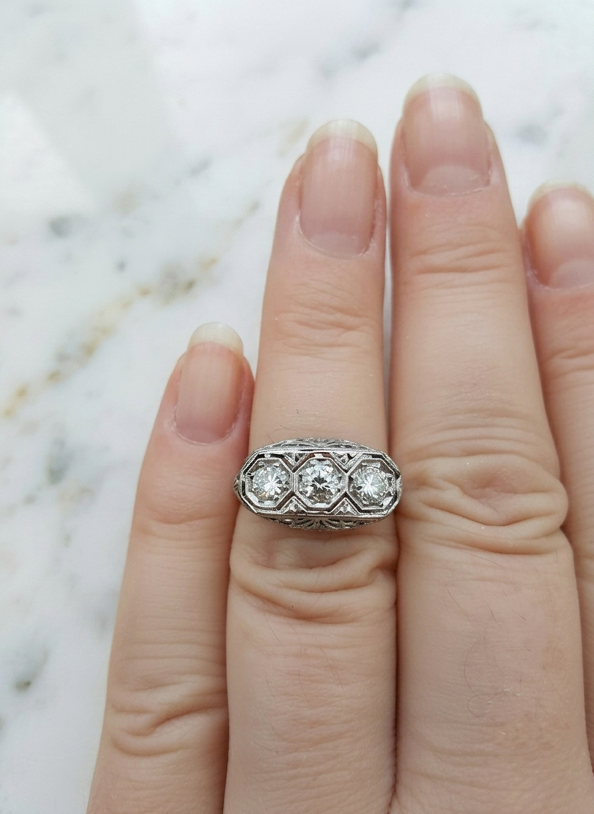 Old European Cut Simulated Diamond 14K White Gold Art Deco Filigree Trilogy Ring