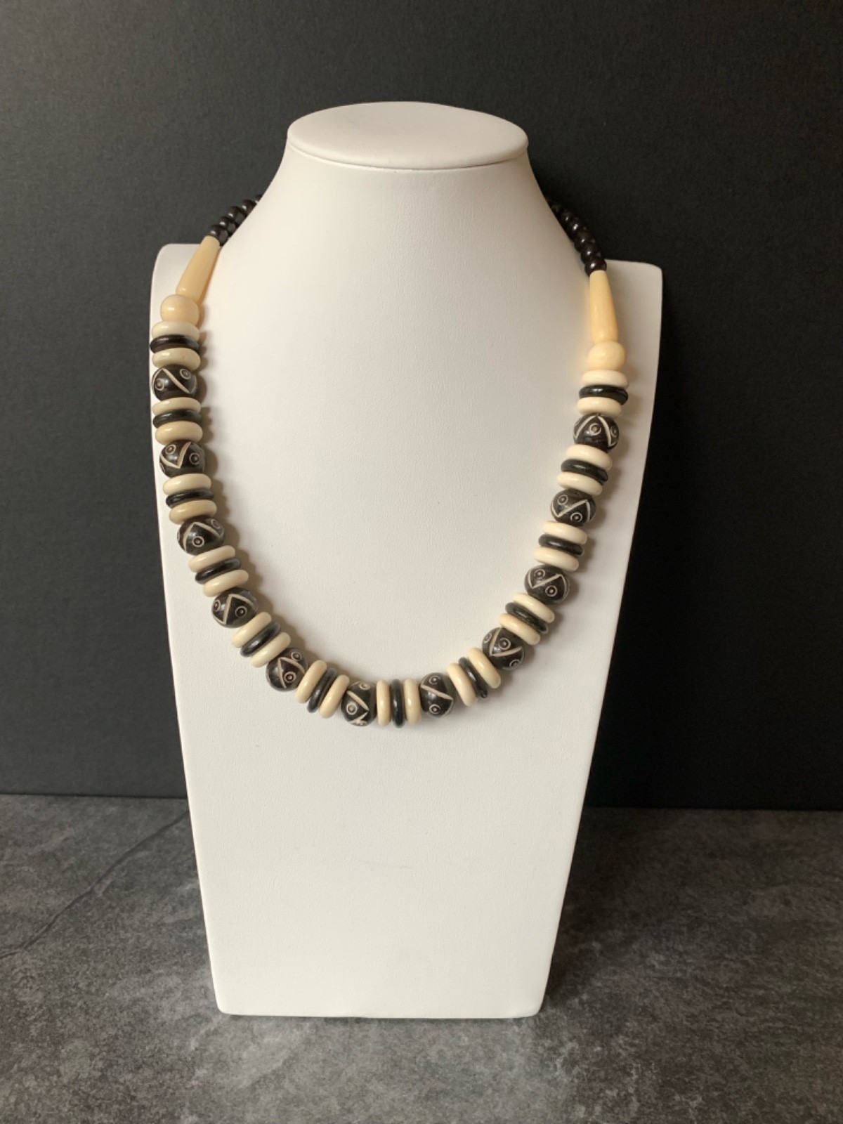Yak Bone and Carved Black Onyx Beads 14mm, 19″ Necklace 37