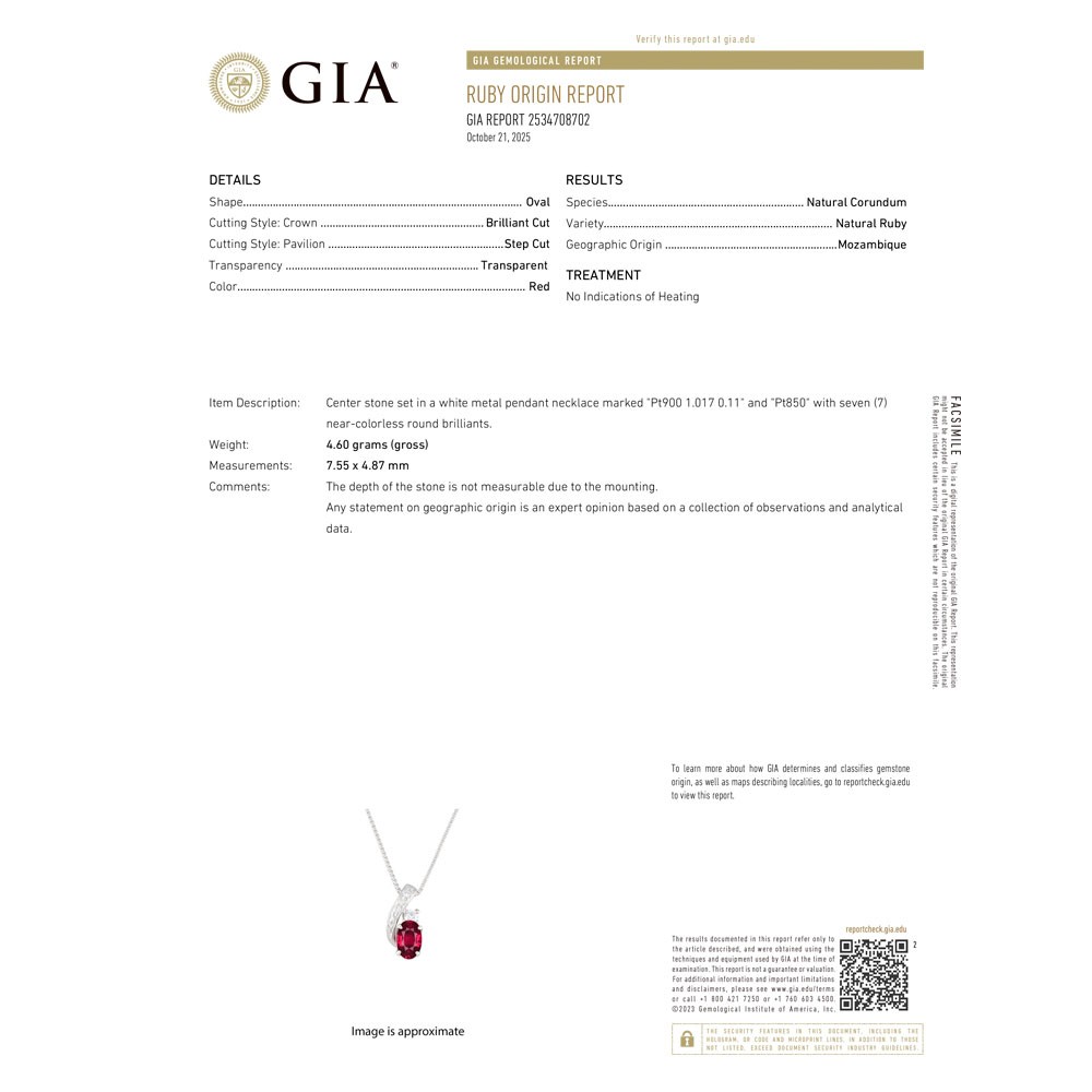 Pt900/ Pt850 Mozambique Unheated Ruby Diamond Pendant Necklace 1.017ct D0.11ct –