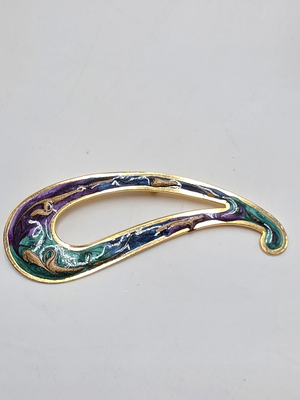 Vintage Abstract Enamel Brooch – Gold Tone Blue, Purple & Teal Art Nouveau Style