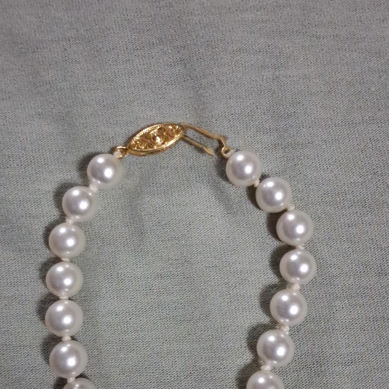 White Faux Pearl-Style Beaded Strand Necklace, Gold Tone Hook Clasp