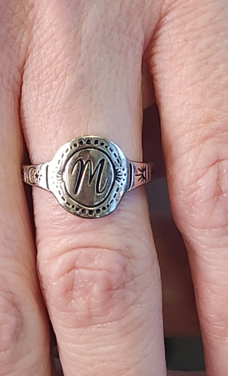Beautiful Sterling Silver Rain + Bow “M” Initial Ring – Size 5