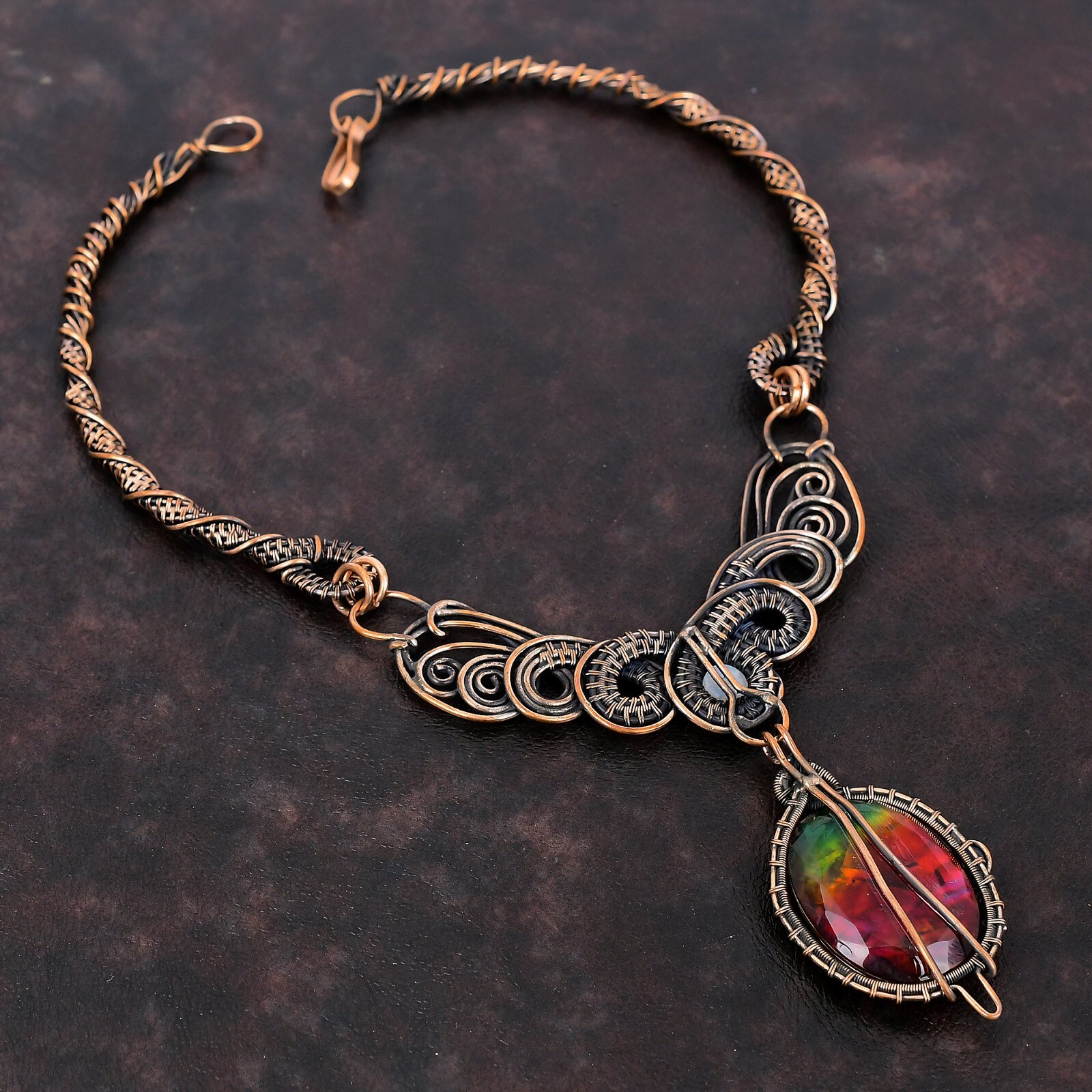Gift For Her Copper Ammolite Gemstone Jewelry Wire Wrapped Chain Necklace 18.0″