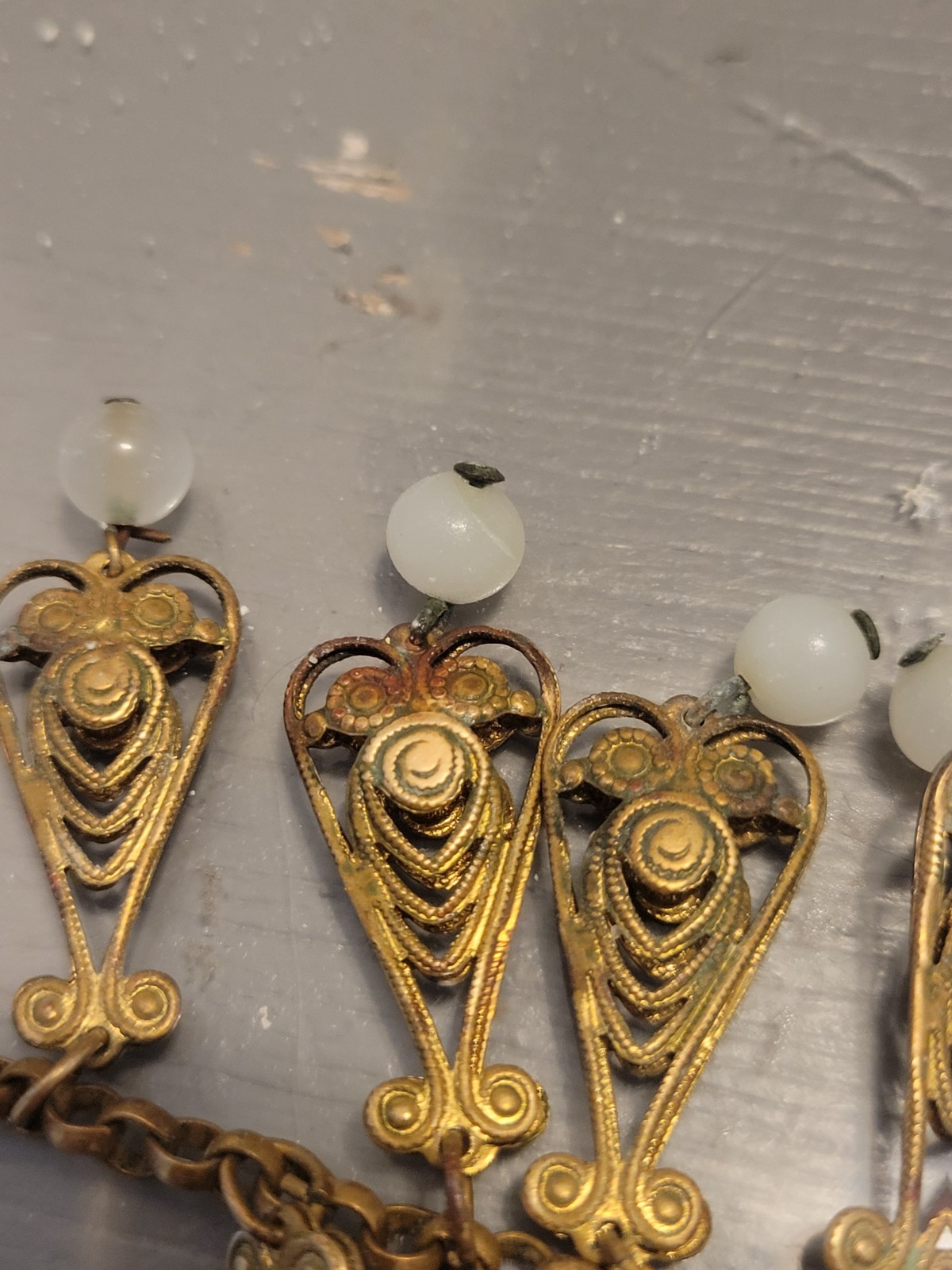 VICTORIAN Brass Filigree Choker Necklace W Dangling Stones Antique Egyptian Rev