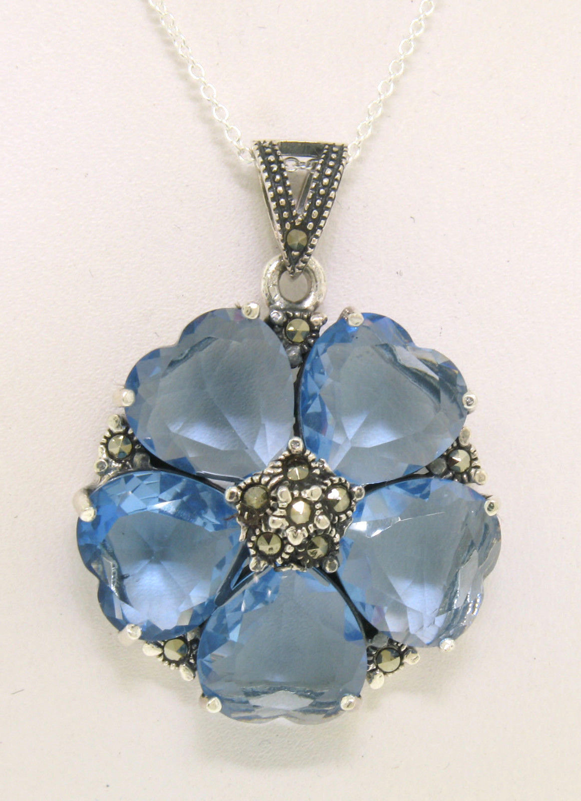 Marcasite Sterling Silver Sky Blue Topaz Heart Cluster Flower Pendant w/ Chain