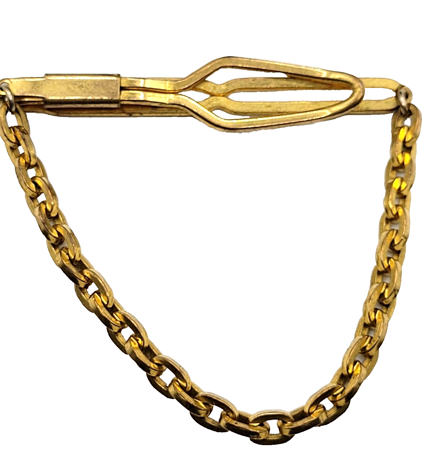 Fancy Dress Formal Vintage Gold Tone Brass Plate Tie Bar Clasp Cable Chain 1930s