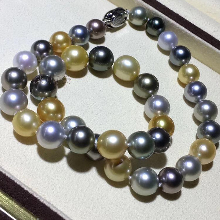 Huge 17″12-14mm natural south sea golden gray white black pearl necklace 158AAA