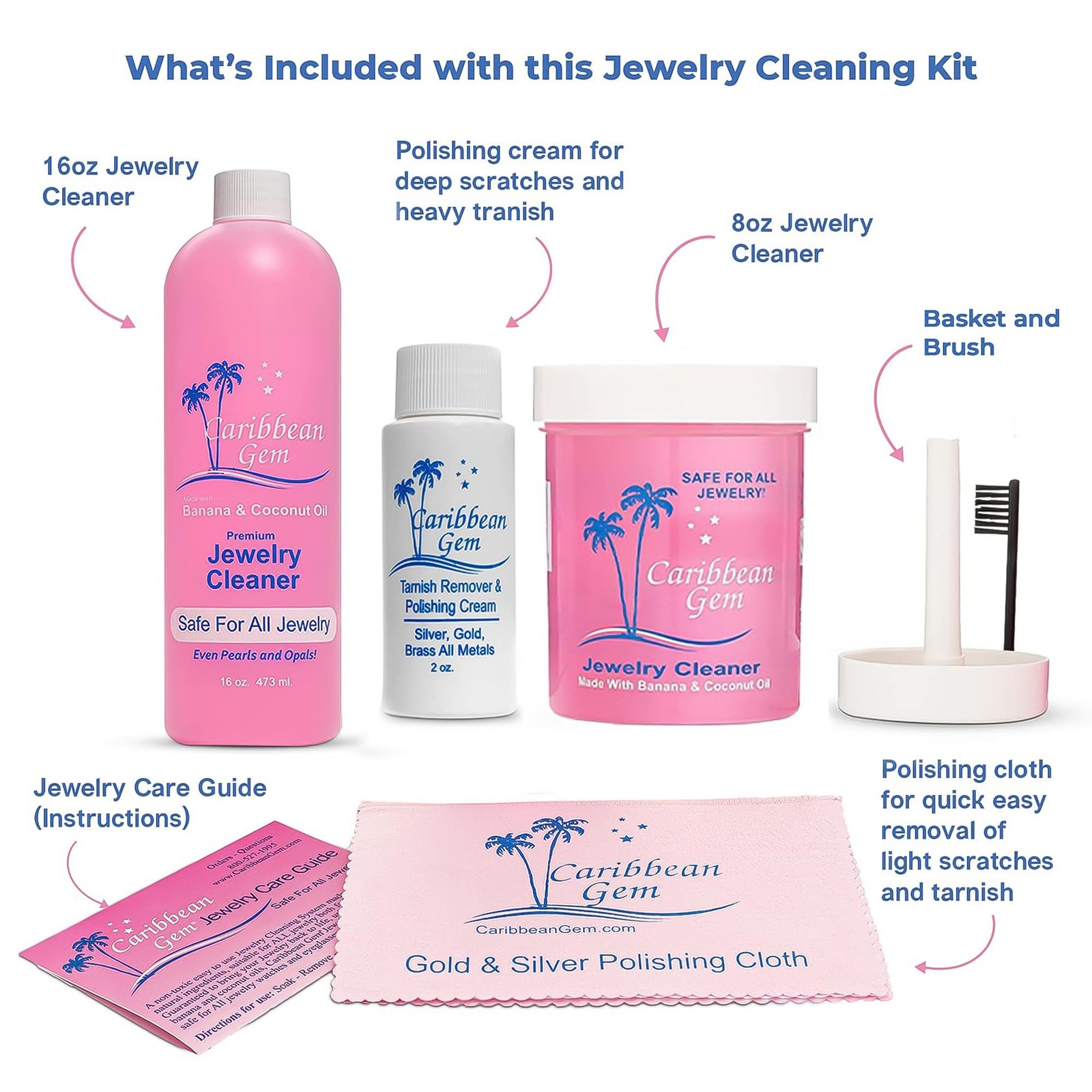 Gem Jewelry Cleaner 16oz & 8oz, Basket, Brush, Polishing Cream & Polishing Cloth