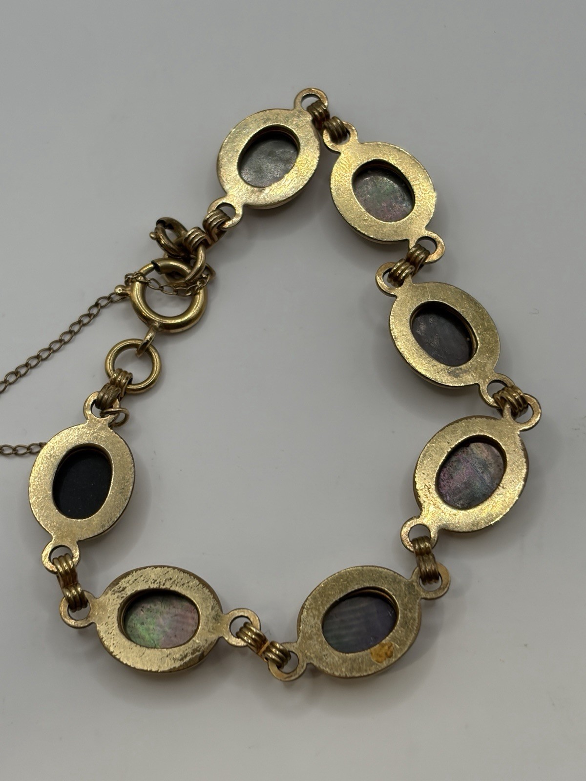 Vintage 1/20 12K Gold Filled Black Mother of Pearl MOP Oval Link Bracelet 6.25″