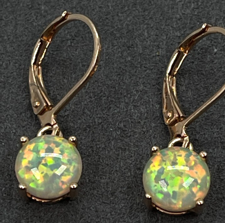 Earrings. Rose Gold Tone White Multicolor Reflective Opal Leverback w/1″ Drop