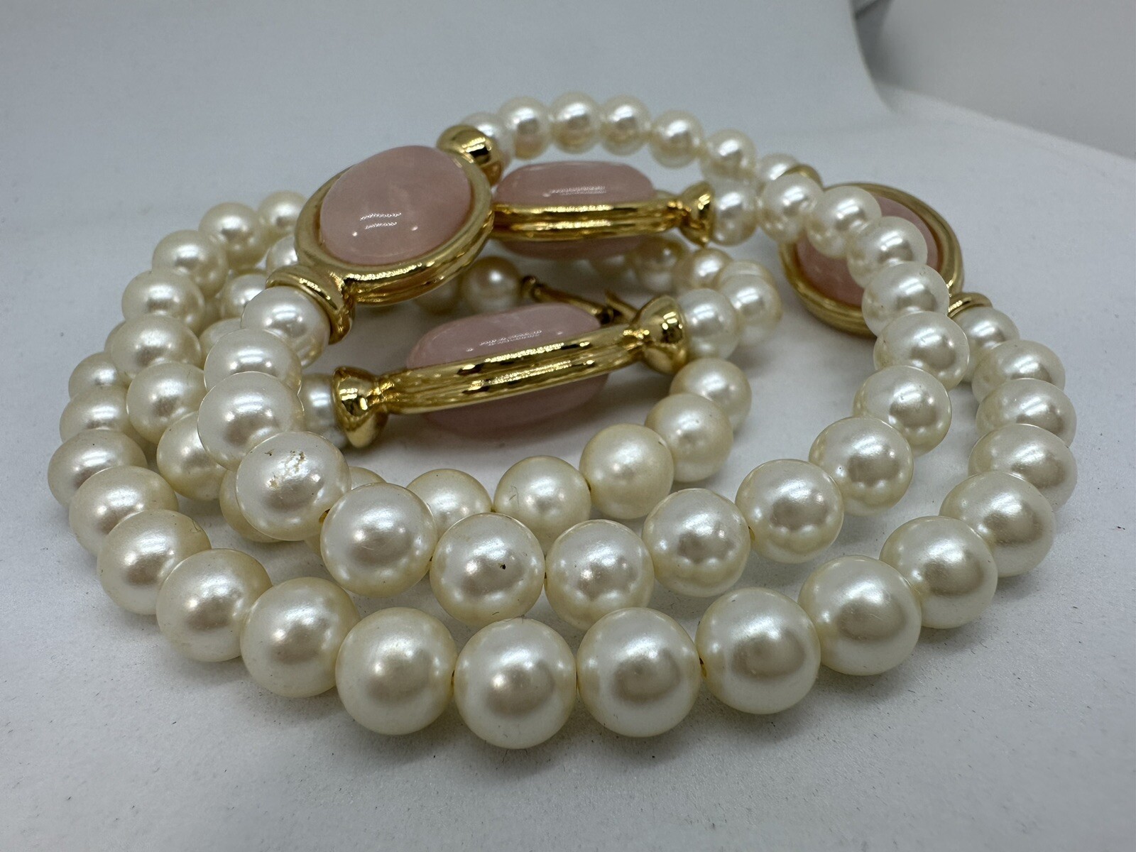 Vintage Napier ~ 8mm White Pearl Beads & Rose Quartz Station Necklace ~ 30in