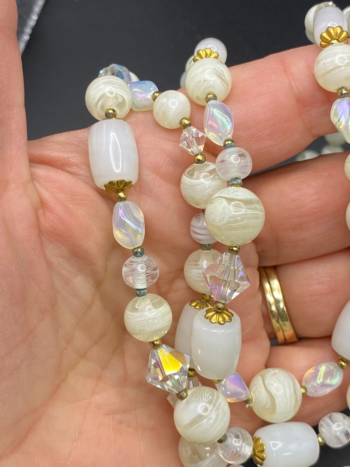 Vintage JAPAN 3-Strand Crystal & Opaline Art Glass Beaded Necklace!