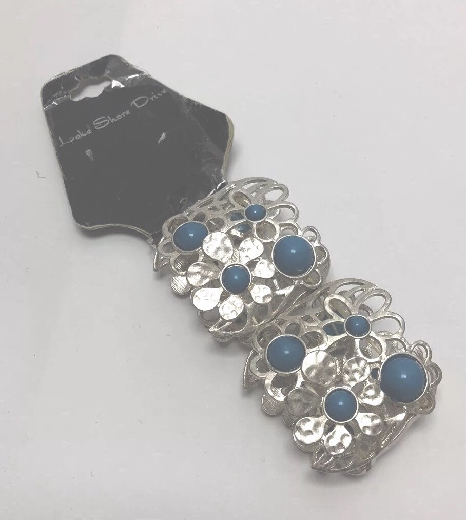 Lake Shore Drive Silver Tone Flower Stretch Bracelet With Turquoise Gems AB