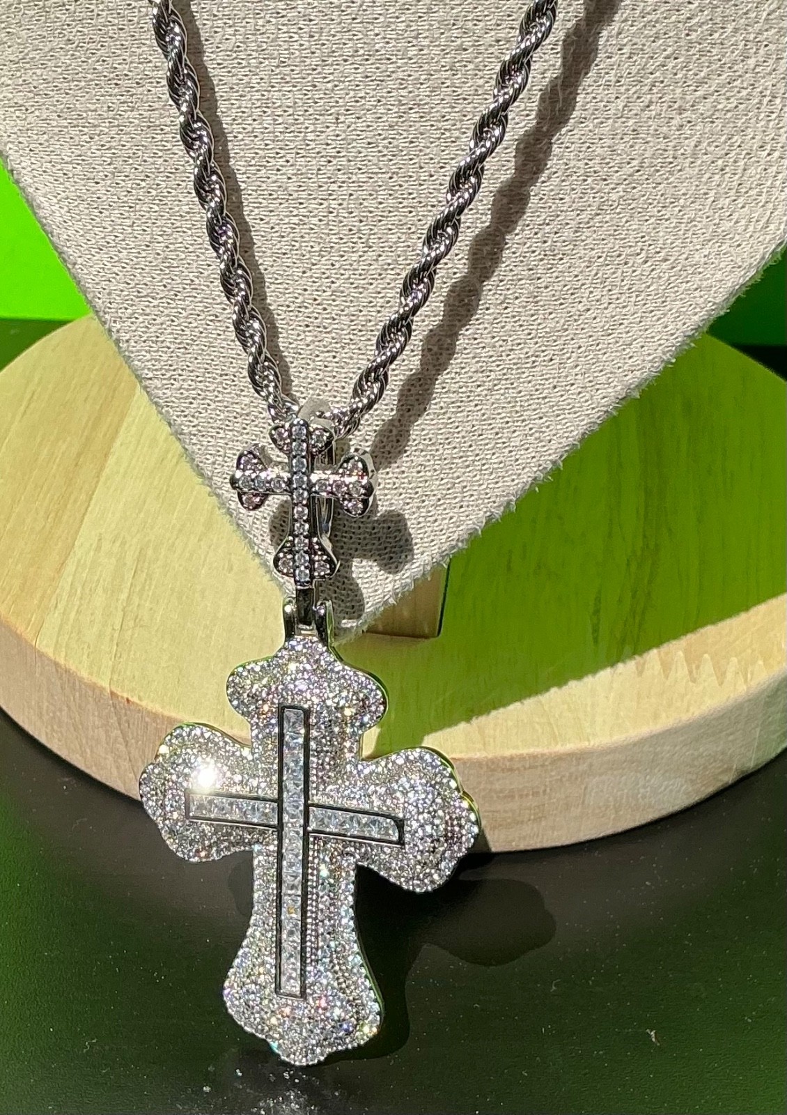 New Men Women White Gold Tone Cross CZ Chain Necklace Hip Hop Rap Fire Bling