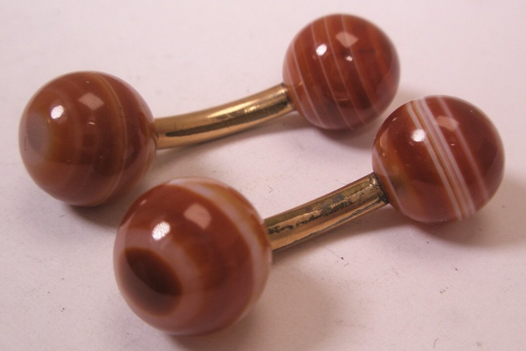 Banded Agate Ball-Ends Gold Plated Double Sided Vintage SMALL Cuff Links d143