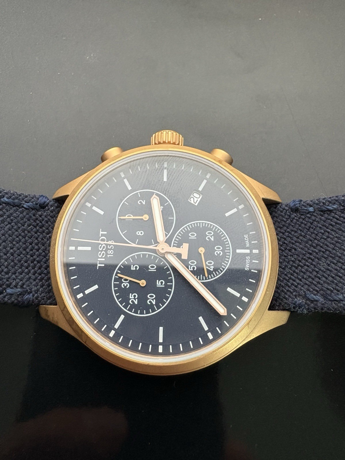 Tissot Chrono XL Blue Dial Chronograph Quartz 45mm 100m Gold Case Fabric