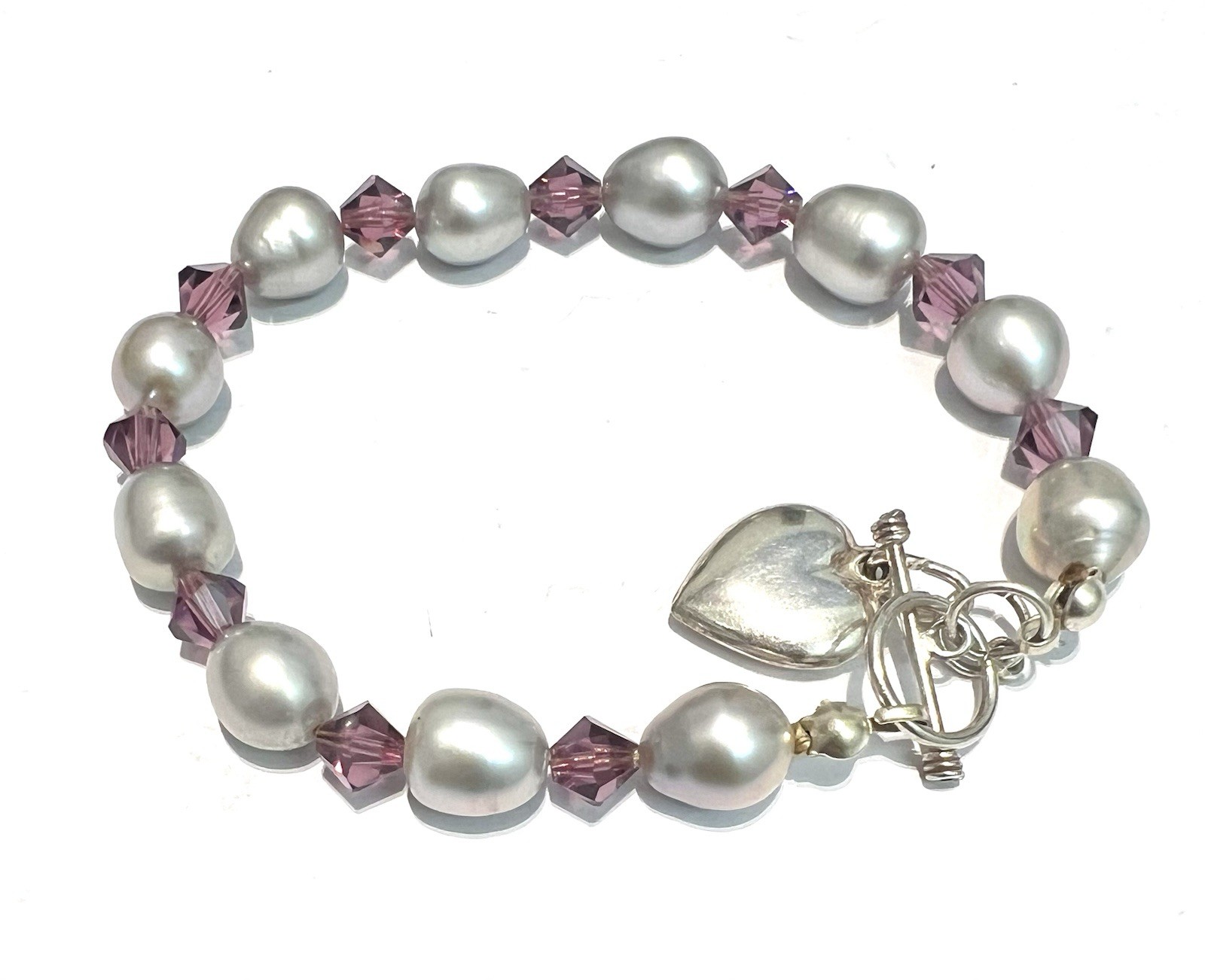 925 Silver Cultured Pearl Amethyst Crystal T Bar Bracelet, 18.5cm, 15.12g,E105
