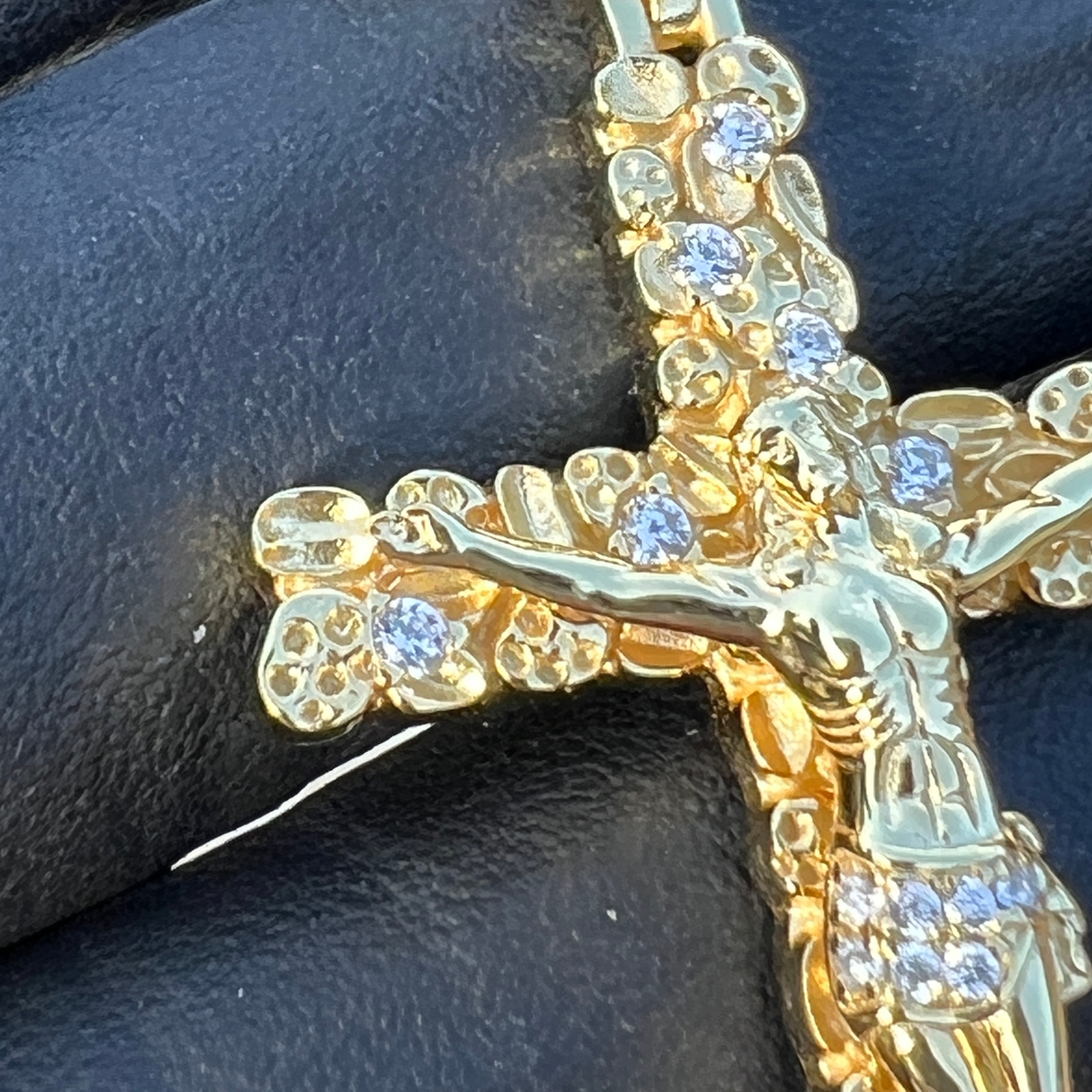14K Gold Plated 925 Sterling Silver Nugget Jesus Crucifix Cross CZ Iced Pendant