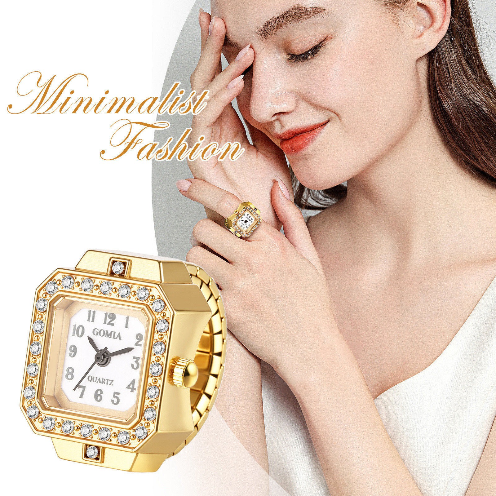 Bling Rhinestone Square Dial Elastic Finger Ring Quartz Watch Stretch Band