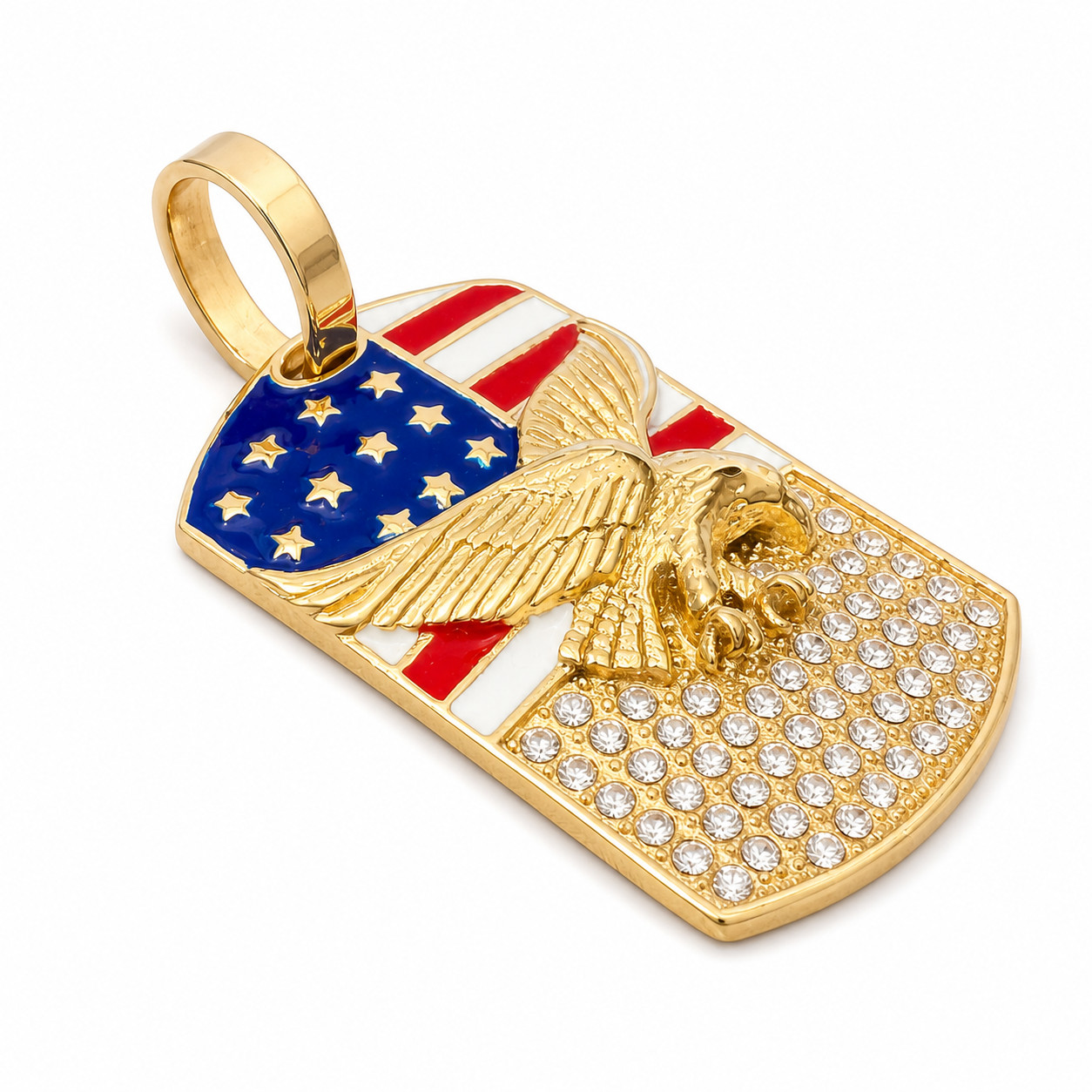 Iced 14K Gold Tone American Eagle USA Flag Pendant Patriotic Jewelry